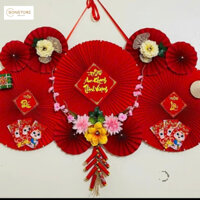 Bộ Nguyên Liệu Tự Làm Quạt Giấy Đỏ Cỡ Lớn 1m2 - 1m5 Kèm Hoa Lụa Và Câu Đối Trang Trí Nhà Cửa Đón Tết
