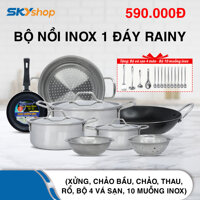 Bộ nhà bếp Inox cao cấp 1 đáy RAINY 8 món (3 nồi inox 1 đáy + xửng hấp inox 24cm + chảo bầu 2 quai 26cm + chảo chống dính 16cm + thau, rổ inox 20 - 22cm) - Tặng bộ vá sạn 4 món + 10 muỗng inox