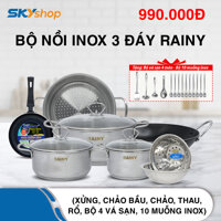 Bộ nhà bếp Inox cao cấp 3 đáy RAINY 8 món (3 nồi inox 3 đáy + xửng hấp inox 24cm + chảo bầu 2 quai 26cm + chảo chống dính 16cm + thau, rổ inox 20 - 22cm) - Tặng bộ vá sạn 4 món + 10 muỗng inox