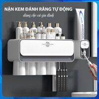 Bộ nhả kem đánh răng tự động, Kệ đựng bàn chải đánh răng dán tường nhà tắm kèm cốc đánh răng nhựa abs cao cấp