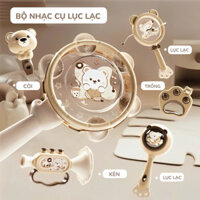 Bộ nhạc cụ lục lạc 6 món MinGo, Bộ Đồ chơi gặm nướu, trống lắc tay, kèn phát nhạc cho bé sơ sinh