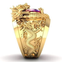 Bộ Nhẫn Khắc Rồng Hoàng Long Mạ vàng 18K, đính đá Hồng Ngọc, Kèm túi Nhung - SIZE 10
