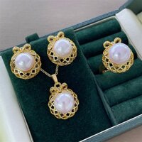 Bộ Nhẫn Mạ Vàng 18K Hình Nơ Rỗng S925 Đính Ngọc Trai Nước Ngọt