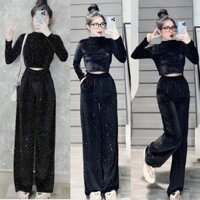 Bộ Nhung Đá Croptop Dài Tay - Áo Dài Tay Quần Suông Phom Rộng - Chất Nhung Thời Trang Hà Huế s