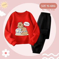 Bộ nỉ bé gái, bé trai in hình Capybara bên bánh sinh nhật - Bộ đồ thu đông cho bé size từ 15-40kg Loza Kids BN196