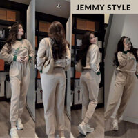 Bộ nỉ nữ mùa đông, set bộ nữ áo sweater mix quần jogger màu nâu tây phối xanh Jemmy Style HCOM3226