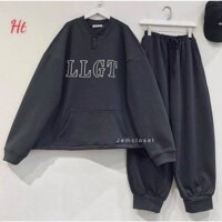 bộ nỉ nữ quần bo gấu áo sweater dài tay cổ cúc tàu LLGT