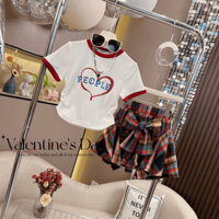 Bộ nơ bé gái E33Y Áo tình yêu chữ cái mẫu mới mùa hè 2025 quần váy kẻ sọc Bộ hai chiếc phong cách Hàn Quốc