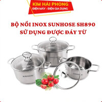 Bộ nồi 3 đáy SUNHOUSE SH890, nồi inox 16cm 20cm dùng được các loại bếp và bếp từ