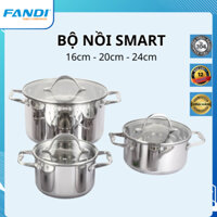 Bộ nồi 3 món Fandi SMART, Inox SUS304, đáy 5 lớp, tay cầm cách nhiệt, sz 16-20-24cm