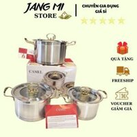 Bộ Nồi 3 Món Inox 304 CAMEL, Đáy 3 Lớp Chống Dính, Tay Cầm Cách Nhiệt Và Dùng Cho Mọi Loại Bếp Gia Dụng Giá Sỉ