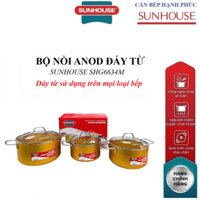 BỘ NỒI ANOD ĐÁY TỪ SUNHOUSE SHG6634M,Đáy từ sử dụng mọi loại bếp, Vung kính trong suốt, Quai núm inox, 3 nồi 16,20,24cm