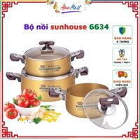 Bộ nồi Anod Sunhouse SH6634 chất liệu nhôm dùng bếp gas bếp, hồng ngoại, bộ nồi 3 chiếc size 16-20-24cm màu vàng đồng