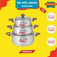 Bộ nồi anod SUNHOUSE SH8833QT, không biến dạng khi va đập, Vung nồi làm từ kính chịu nhiệt, An toàn cho sức khỏe