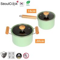 Bộ nồi chảo 2 món đáy từ cao cấp Hàn Quốc, quánh 16cm  nồi 20cm, chống dính vân đá an toàn cho sức khỏe, dùng được tất cả các loại bếp Induction