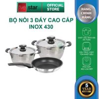 Bộ nồi chảo 3 đáy inox 430 Thân Cool Fivestar Standard quai silicon chống nóng nắp inox bếp từ , tặng 2 vá canh - N16cm24cmchảo 22cm