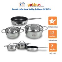 Bộ Nồi Chảo Bếp Điện Từ 3 Đáy Goldsun GPS1790 - Chất liệu Inox 304 - Vung kính cường lực - Bảo hành 12 tháng