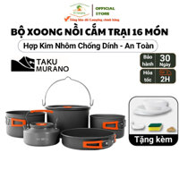 Bộ nồi chảo cắm trại chính hãng Takumurano xếp gọn tiện lợi chống dính, bộ xoong nồi nhôm camping