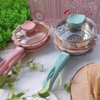 BỘ NỒI CHẢO CHO BÉ ĂN DẶM HÌNH HOA CAO CẤP, THÀNH NỒI 6 LỚP, TRÁNG MEN ĐÁ CHỐNG DÍNH, KÈM XỬNG HẤP