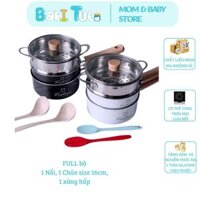 Bộ Nồi Chảo Đá Ăn Dặm Chống Dính Cho Bé Kèm Xửng Hấp, Bộ Nồi Chảo Nấu Ăn Dặm Fashion 16cm Cho Bé Ăn Dặm