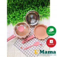 Bộ Nồi Chảo Đá Chống Dính Kèm Xửng Hấp Nấu Đồ Ăn Dặm Cho Bé, Bộ Nồi Chảo Đá Men Đá Hình Hoa Cao Cấp