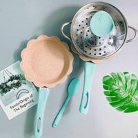Bộ nồi chảo đá nấu ăn dặm cho bé ☘Freeship☘men đá chống dính kèm chảo và xửng hấp inox cho bé