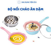 Bộ nồi chảo đá nấu ăn dặm cho bé men đá chống dính kèm chảo và xửng hấp inox cho bé