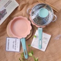 Bộ nồi chảo đá nấu ăn dặm cho bé OKBY đá chống dính kèm chảo và xửng hấp inox cho bé ăn dặm