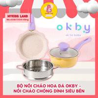 Bộ Nồi Chảo Hoa Đá OKBY Nấu Cháo Cho Bé Kèm Xửng Hấp Chế Biến Ăn Dặm Cho Bé Chống Dính Cao Cấp