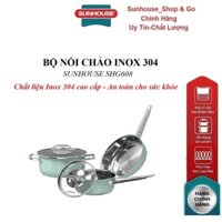 BỘ NỒI CHẢO INOX 304 SUNHOUSE SHG608, Chất liệu Inox 304 cao cấp, Đáy dày 3 lớp - Tỏa nhiệt đều, giữ nhiệt tốt