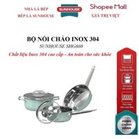 BỘ NỒI CHẢO INOX 304 SUNHOUSE SHG608, Chất liệu Inox 304 cao cấp, Đáy dày 3 lớp - Tỏa nhiệt đều, giữ nhiệt tốt