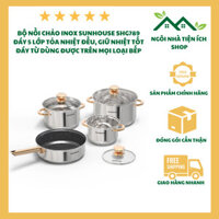 Bộ Nồi Chảo Inox 304 Sunhouse SHG789, Đáy Từ 5 Lớp Tỏa Nhiệt Đều Giữ Nhiệt Tốt, Nắp Kính Cường Lực