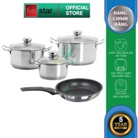 Bộ nồi chảo inox cao cấp Fivestar 4 chiếc nắp kính , inox 430, dùng được mọi bếp (chảo 22cm,nồi 16cm,nồi 20cm,nồi 24cm)