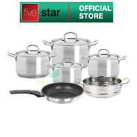 Bộ nồi chảo inox cao cấp FiveStar Plus FS08CV 6 món nắp inox size 16cm,18cm,20cm,24cm , chảo chống dính 24cm, xửng 24cm