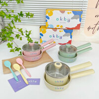 Bộ Nồi Chảo Inox OKBY Cao Cấp Nồi 14cm Chảo 16cm Dùng Chế Biến Đồ Ăn Dặm Cho Bé, Kèm Phới Silicon