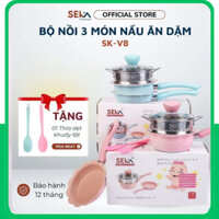 Bộ nồi chảo nấu ăn dặm cho bé 3 món Seka, bộ nồi chống dính dùng cho mọi loại bếp kèm thìa khuấy lật - Nhà Bếp Thiên Hà
