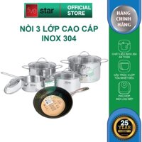 Bộ nồi chảo quánh inox cao cấp  FiveStar Plus 5 chiếc 3 lớp đáy liền inox 304 nắp kính, bảo hành 25 năm