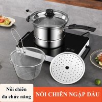 Bộ nồi chiên thực phẩm mini inox bộ nồi chiên mini kèm xửng hấp rổ lược chiên rán nấu mì hấp thức ăn đa năng
