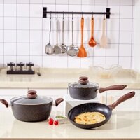 Bộ Nồi chống dính vân đá đáy từ chảo chống dính có nắp nồi quấy bột cho bé phù hợp với mọi loại bếp từ