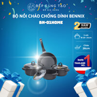 Bộ nồi đá chống dính cao cấp BENNIX Thailand,4 món( Nồi 18cm, 20cm, 24cm, chảo sâu 26cm)