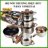 Bộ nồi Đức 5 đáy Yimeitai gồm 6 món lắp hợp kim vàng - dùng cho mọi loại bếp điện, bếp từ,
