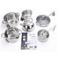 Bộ nồi Đức Queen Royal QR 9963 6 món  9 đáy, vung kính, 12 chi tiết, sang trọng, dùng được cho tất cả các loại bếp.