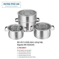 BỘ NỒI inox 3 đáy nắp kiếng tặng kèm xửng hấp RAPIDO RK182024S - Hàng Chính Hãng