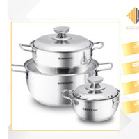 Bộ nồi Inox 3 đáy Sunhouse SH335 size 16cm-20cm-24cm - Đáy từ dùng mọi loại bếp - 3 lớp đáy - Hàng chính hãng