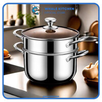Bộ nồi inox 304 cao cấp Whale Kitchen nồi 3 đáy dùng được mọi loại bếp, kèm xửng hấp 22/24/26cm