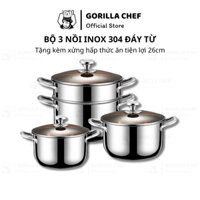 Bộ nồi inox 304 cao cấp Gorilla Chef đáy 3 lớp dẫn nhiệt nhanh dùng trên mọi loại bếp 3/4/5L