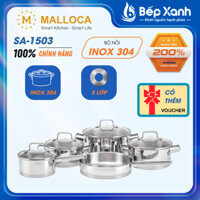Bộ nồi inox 304 cao cấp Malloca SA-1503 (9 món) - Bảo Hành 1 Năm - Hàng Chính Hãng