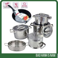 Bộ nồi inox 304 chảo chống dính 24cm và xửng hấp 24cm Fivestar 3 đáy từ, quai vuông ( HÀNG CHÍNH HANG BẢO HÀNH 5 NĂM)