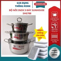 Bộ nồi inox 5 đáy SHG788 SUNHOUSE cấu tạo đáy 5 lớp tỏa nhiệt đều giữ nhiệt tốt sử dụng trên mọi loại bếp