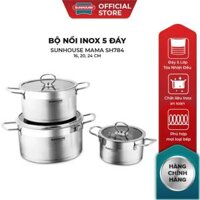 Bộ nồi inox 5 đáy Sunhouse Mama SH784: Gồm 3 nồi - Dùng mọi loại bếp - Đáy 5 lớp hạn chế cháy khét - Hàng chính hãng